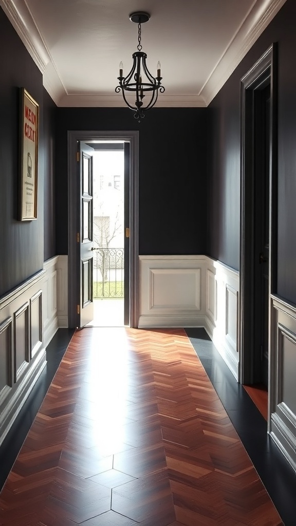 A stylish hallway featuring dark walls and a herringbone wood floor, illuminated by natural light.