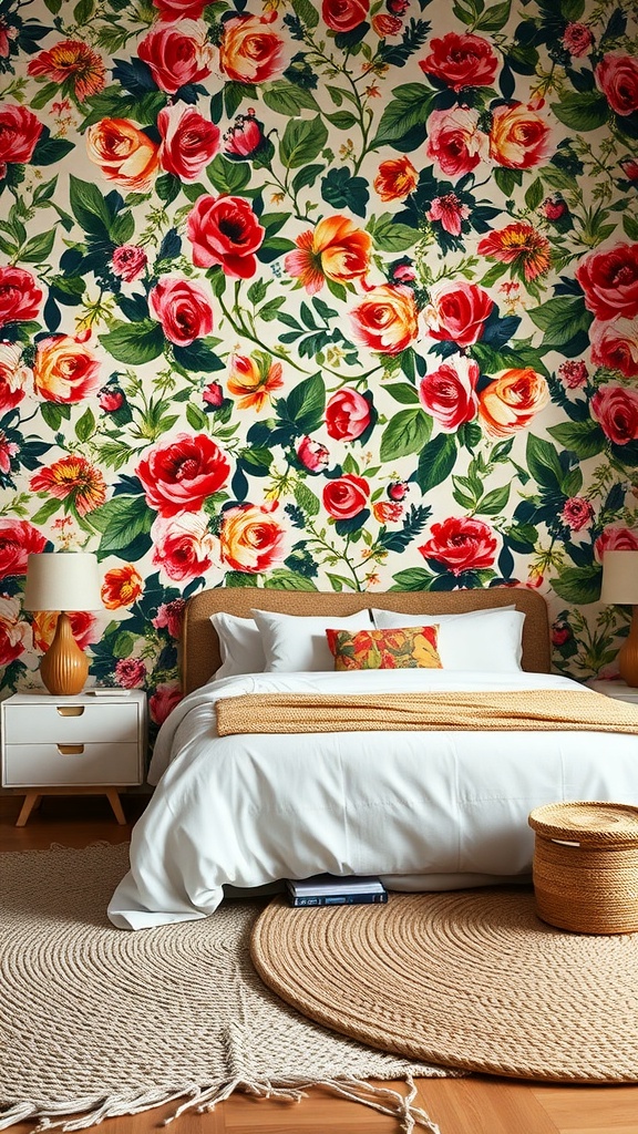A cozy bedroom featuring bold floral wallpaper, minimalist bedding, and textured rugs.