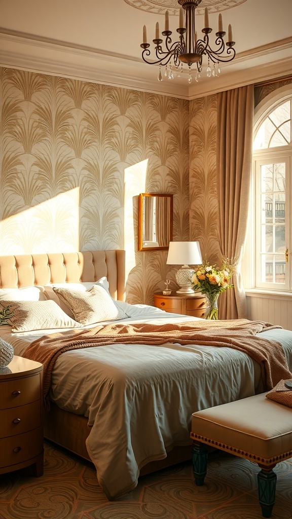 Art Deco bedroom featuring bold geometric patterns in wallpaper and elegant furnishings.