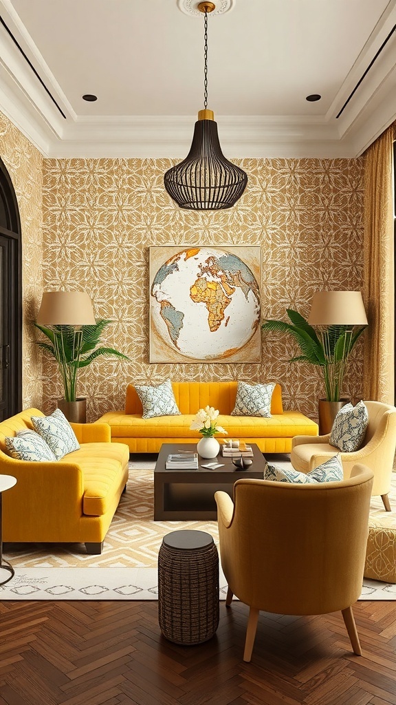 A vibrant living room featuring bold geometric patterns, yellow furniture, and natural elements.