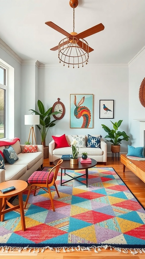 A living room featuring a bold geometric rug with vibrant colors, stylish furniture, and bright curtains.