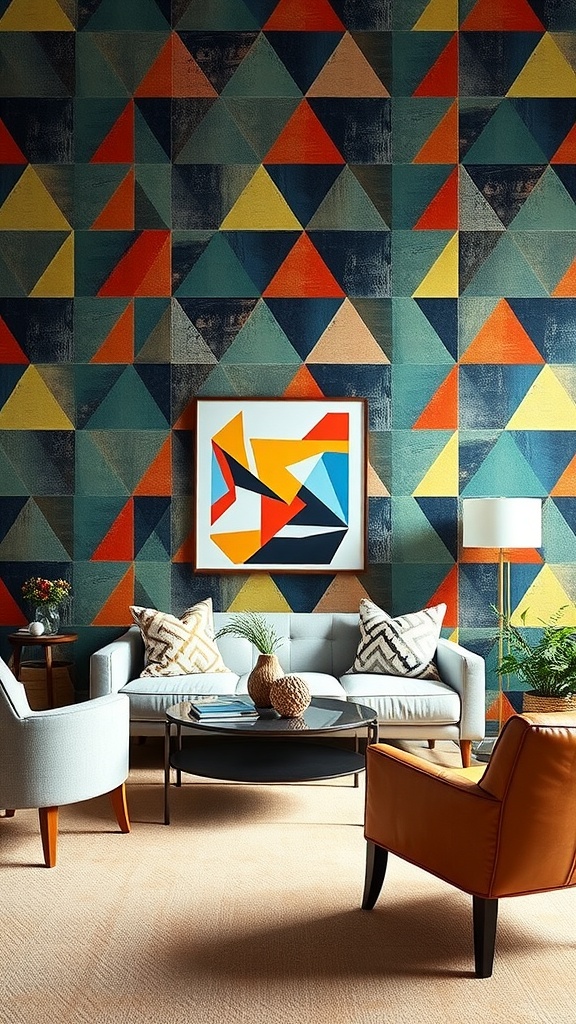 A living room featuring bold geometric wallpaper with colorful triangle patterns.