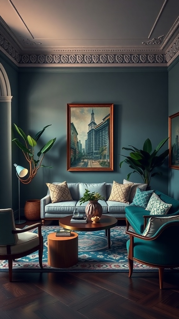 A cozy living room featuring bold jewel tones with a rich blue couch, decorative pillows, and a warm wooden coffee table.