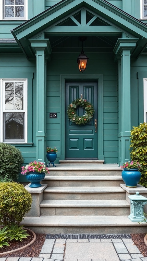 A teal-colored house with a matching front door and vibrant flower planters.