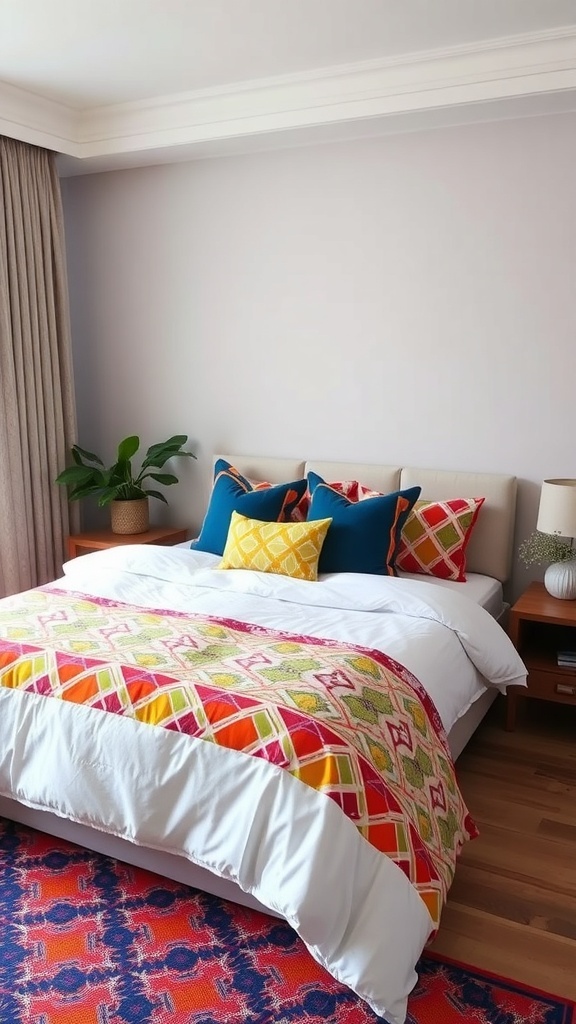 A vibrant dorm room with a colorful bedspread featuring bold patterns, complemented by solid-colored pillows and a patterned rug.