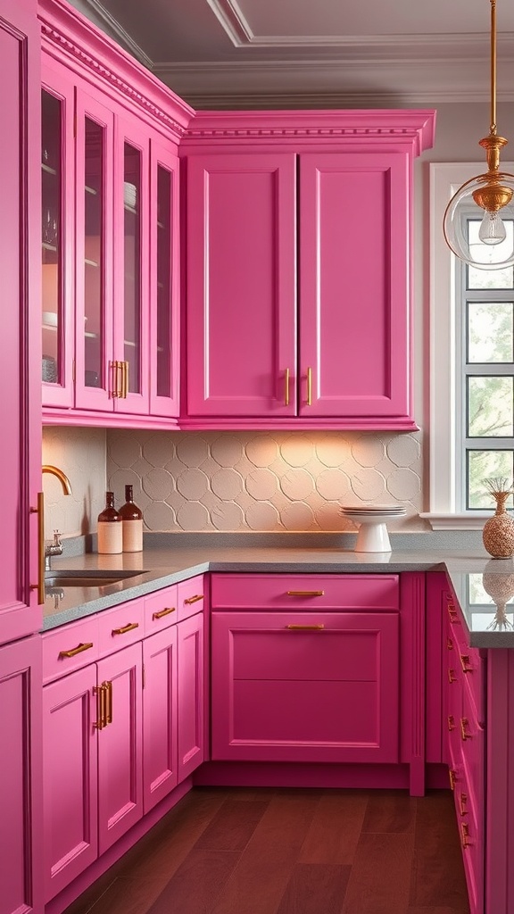 A modern pink kitchen with bold pink cabinetry and gold accents.