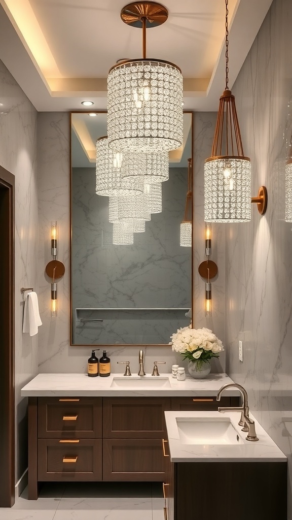 A luxurious bathroom featuring a bold chandelier with crystals, modern sink, and elegant decor.