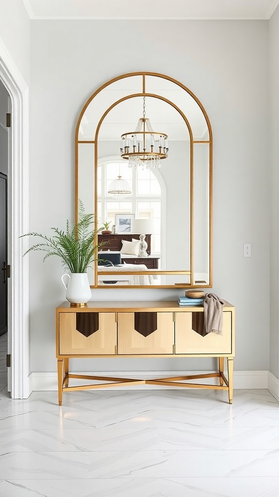 A stylish entryway featuring a large arched gold-framed mirror above a sleek console table with a plant.