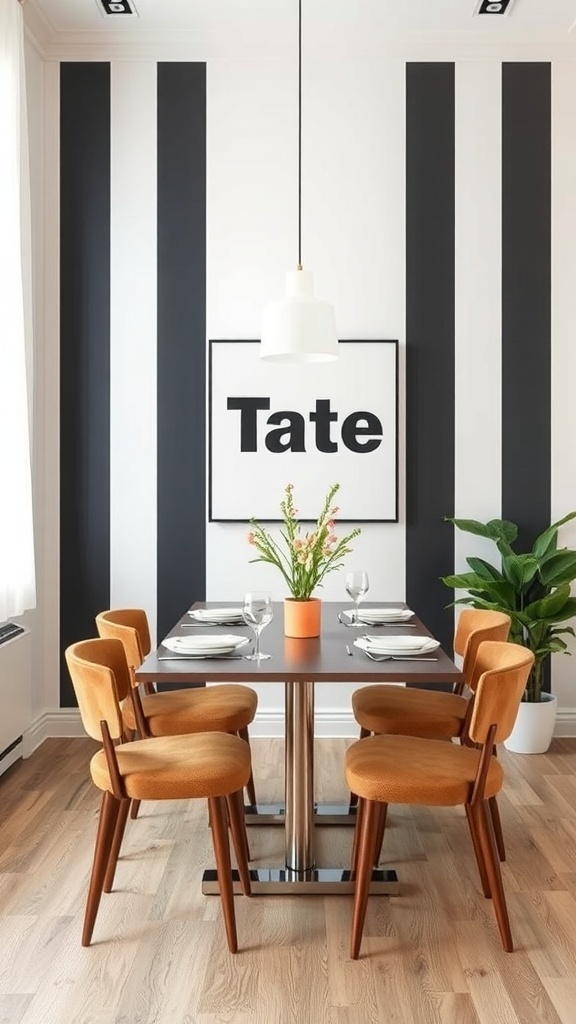 A modern dining room featuring bold black stripes on the wall, a stylish table with orange chairs, and a plant.