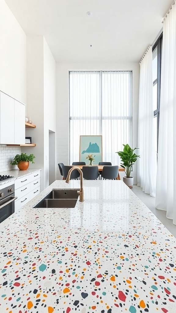 A modern kitchen featuring a bold terrazzo countertop with colorful speckles.
