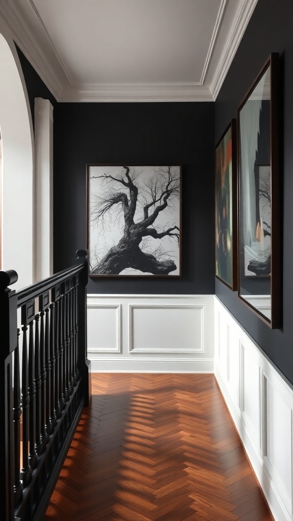A stylish hallway featuring a black bannister, dark walls, and bold wall art.