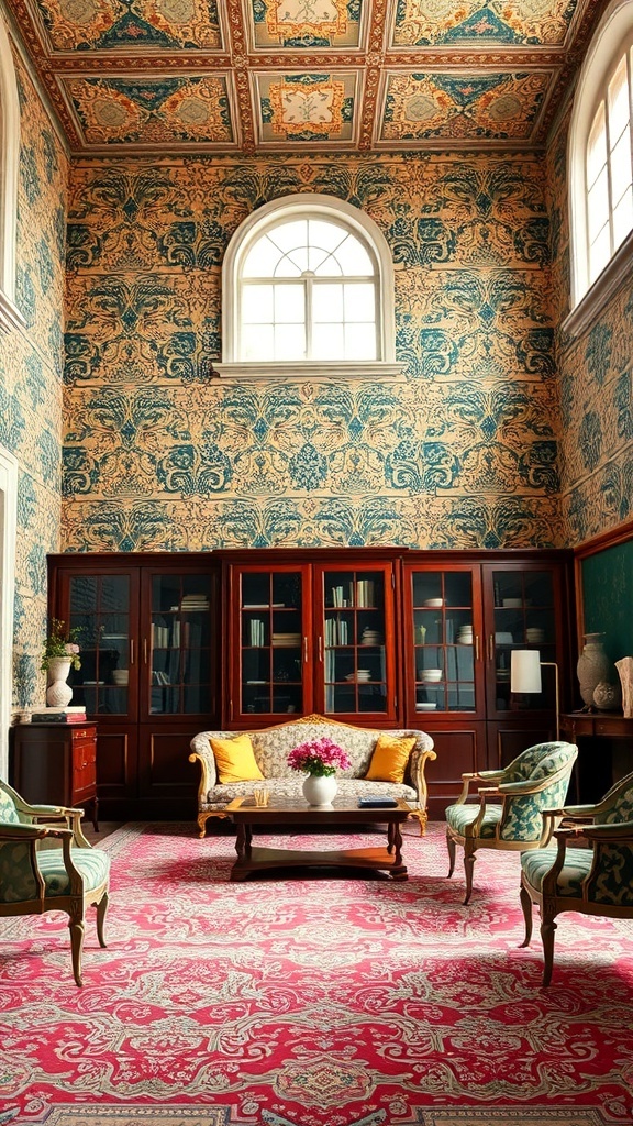 A beautifully decorated room featuring bold wallpaper and elegant furniture.