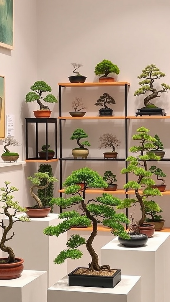 A display of various bonsai trees on shelves, showcasing their unique shapes and vibrant greens.