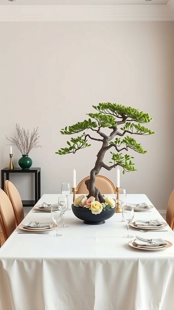 A dining table set with a bonsai tree centerpiece, surrounded by elegant tableware and candles.