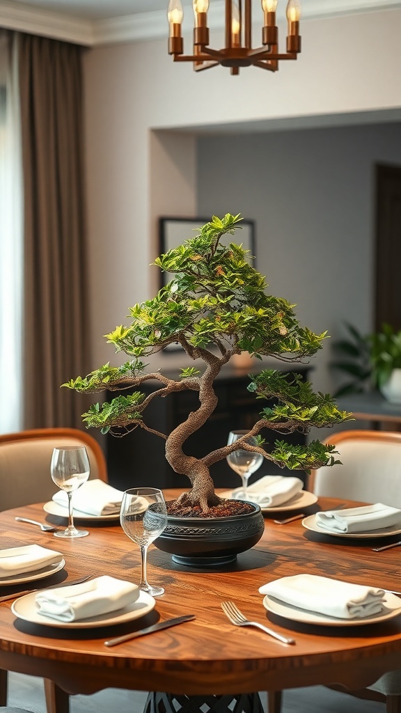 A beautifully twisted bonsai tree as a centerpiece on a dining table, surrounded by elegant table settings.
