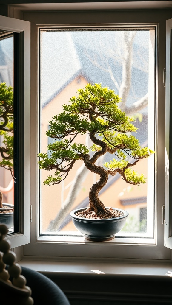 A bonsai tree displayed on a window sill, showcasing its vibrant green leaves and twisted trunk.