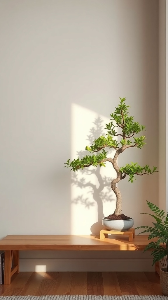 A bonsai tree in a corner nook with sunlight casting shadows on the wall.