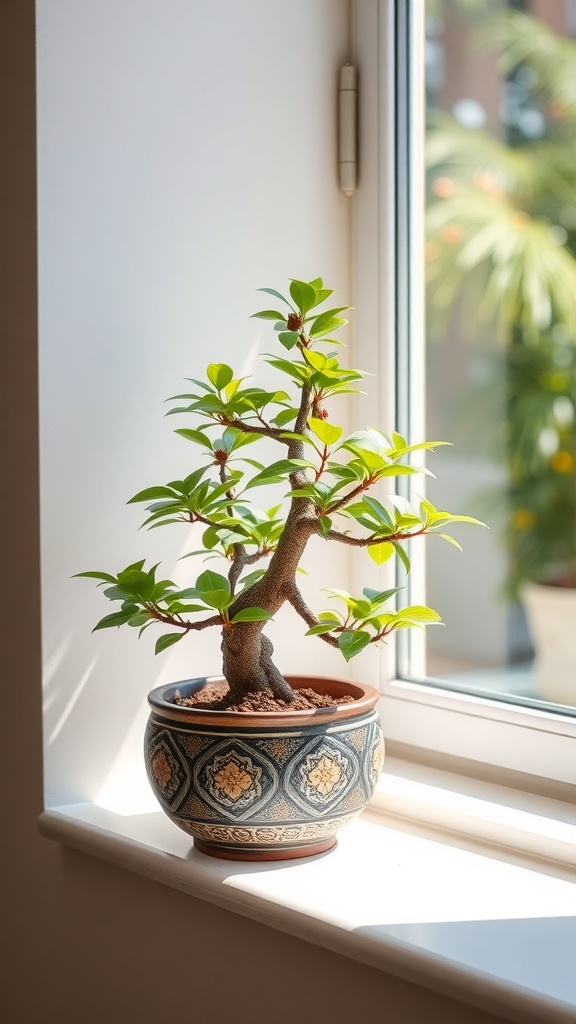 A bonsai tree in a decorative pot sitting on a windowsill, with sunlight illuminating its leaves.