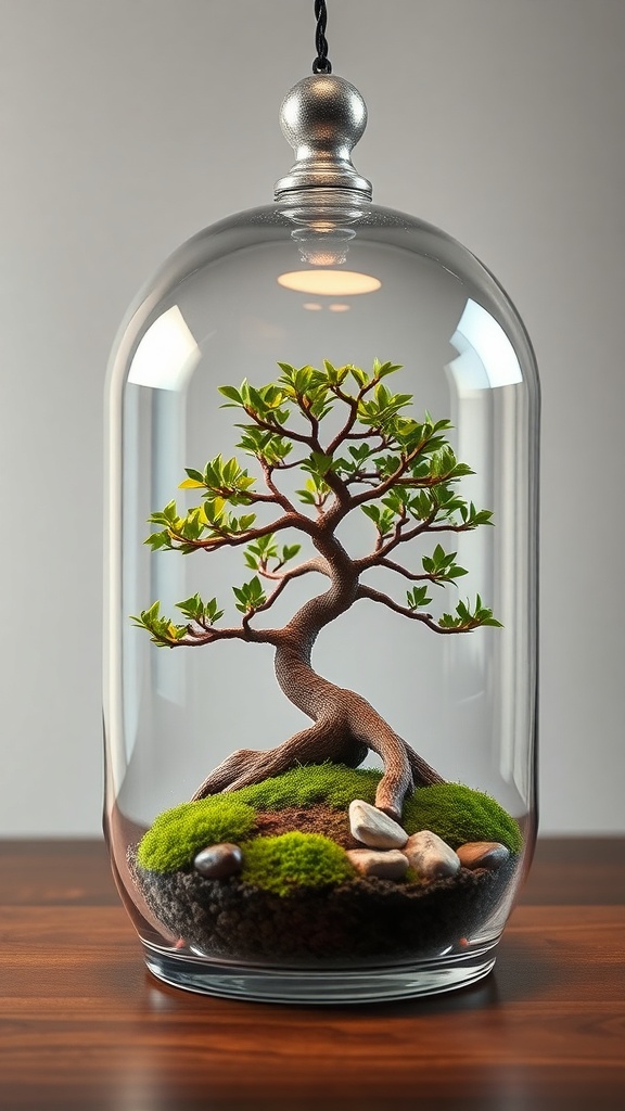 A bonsai tree inside a glass terrarium with moss and stones.