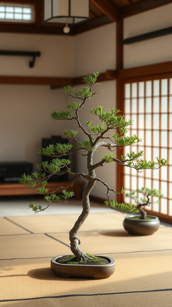 A bonsai tree in a Japanese-inspired room with tatami mat flooring and shoji screens.