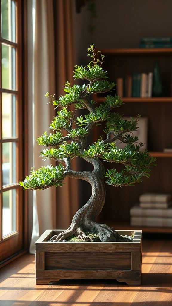 A beautiful bonsai tree in a rustic wooden planter, showcasing lush green leaves and intricate branches.
