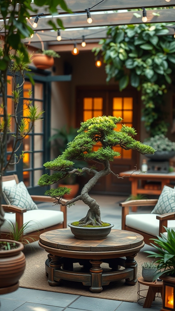 A beautifully arranged outdoor patio featuring a bonsai tree on a wooden table, surrounded by comfortable seating and soft lighting.