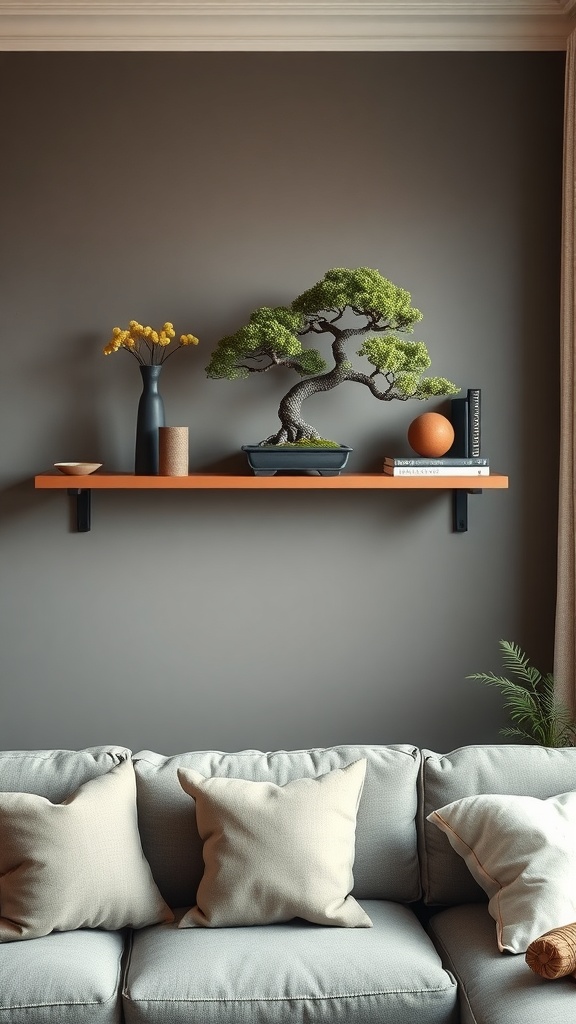 A bonsai tree on a floating shelf with decorative items, creating a serene home decor.