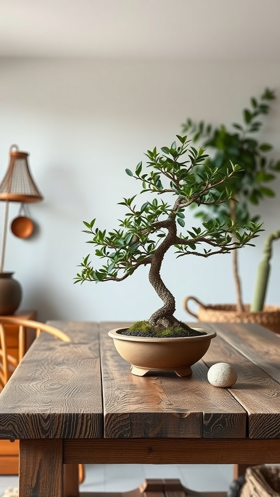 A bonsai tree on a rustic wooden table with a small stone beside it.