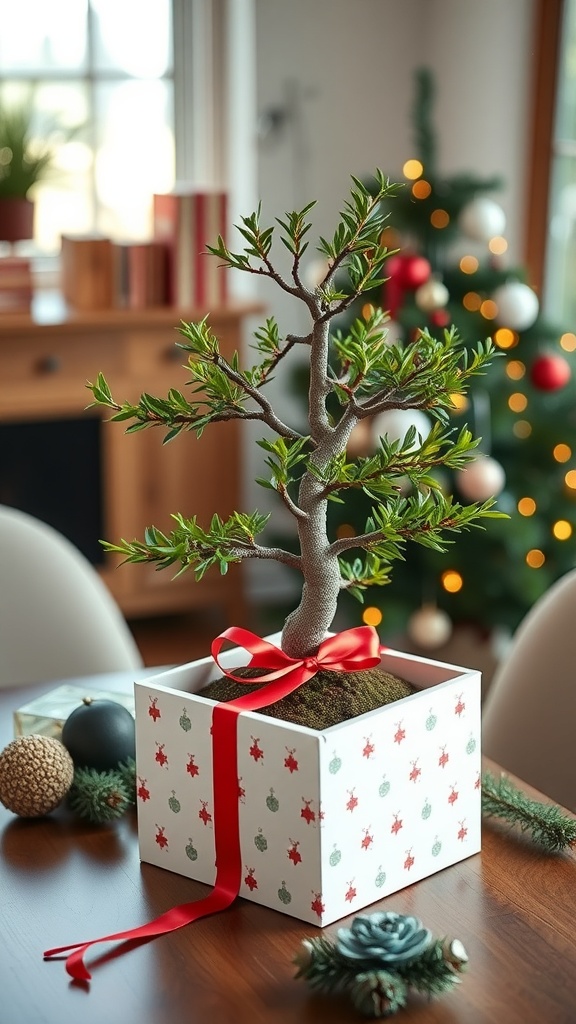 A bonsai tree in a decorative gift box with a red ribbon, placed on a table with holiday decorations in the background.
