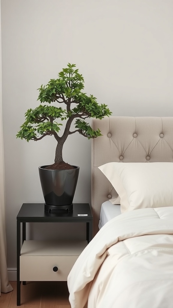 A bonsai tree on a nightstand next to a bed, showcasing a modern bedroom decor.