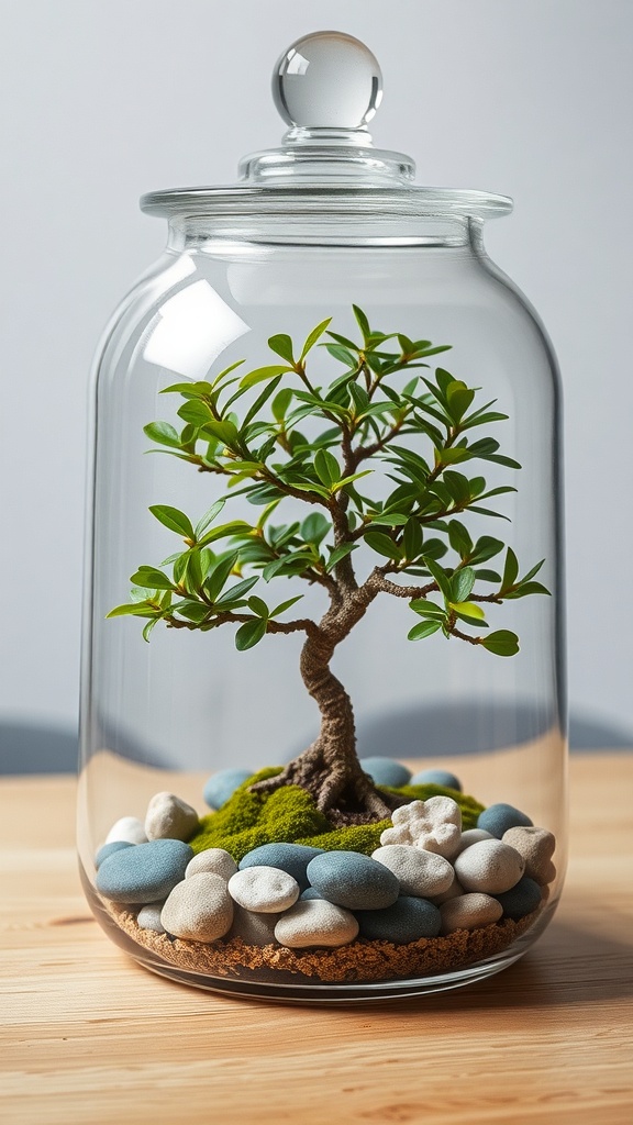 A bonsai tree inside a glass terrarium with pebbles and moss.