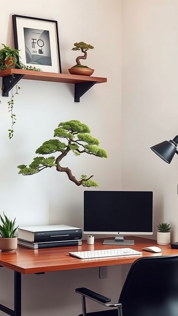 A home office featuring bonsai trees on a shelf and desk, creating a calming workspace.
