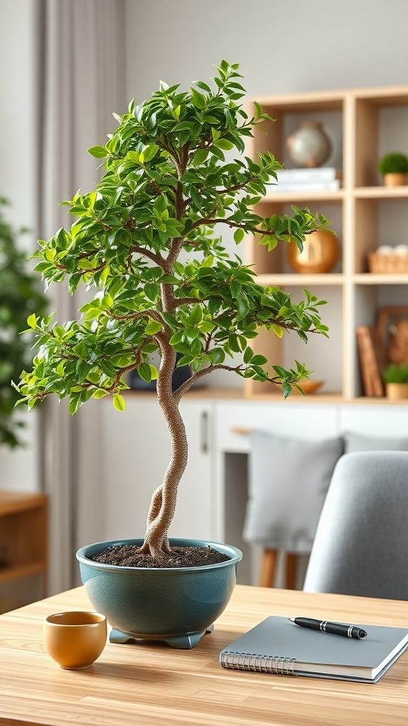 A bonsai tree on a wooden desk in a home office setting, with a cup and notebook nearby.