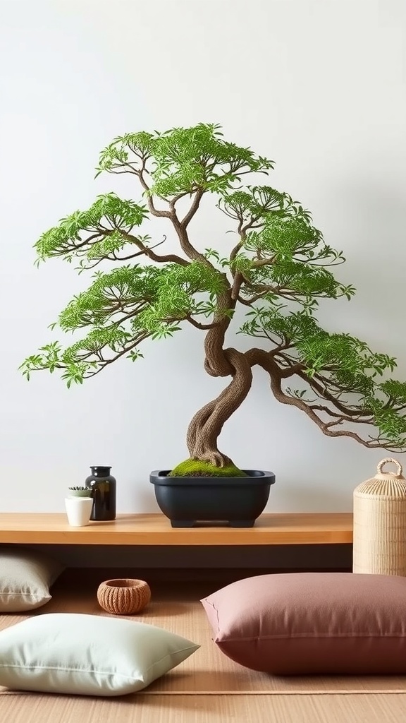 A bonsai tree displayed in a serene meditation space with soft cushions and minimal decor.