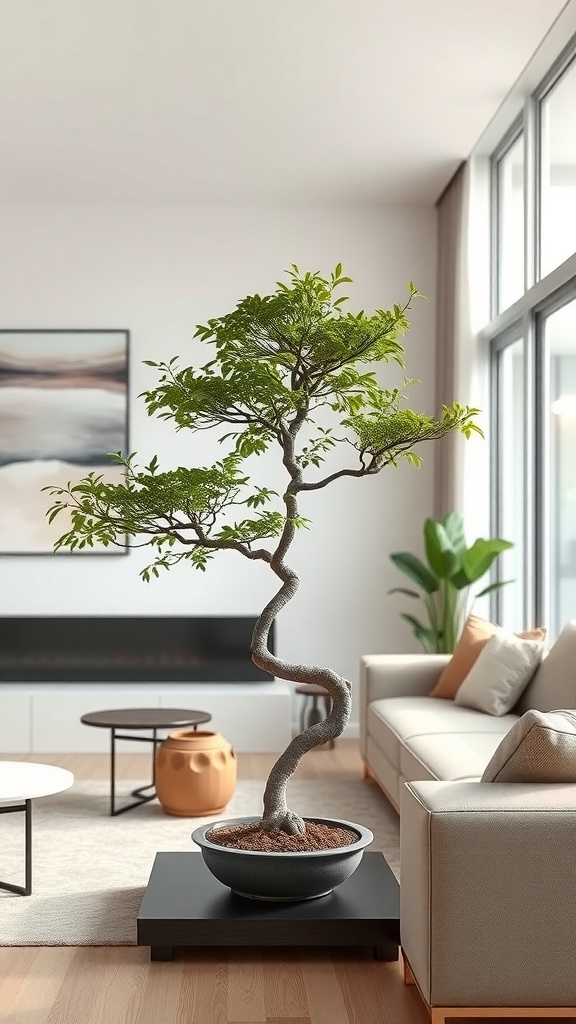 A modern living room featuring a bonsai tree on a black stand, with a cozy sofa and natural light from large windows.