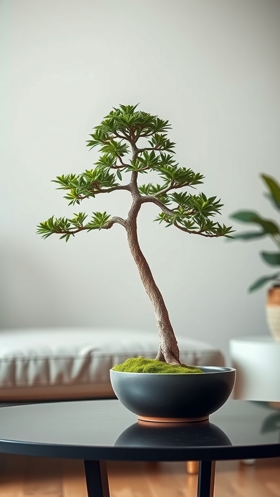 A bonsai tree in a modern black pot on a table, showcasing its lush green leaves and elegant shape.
