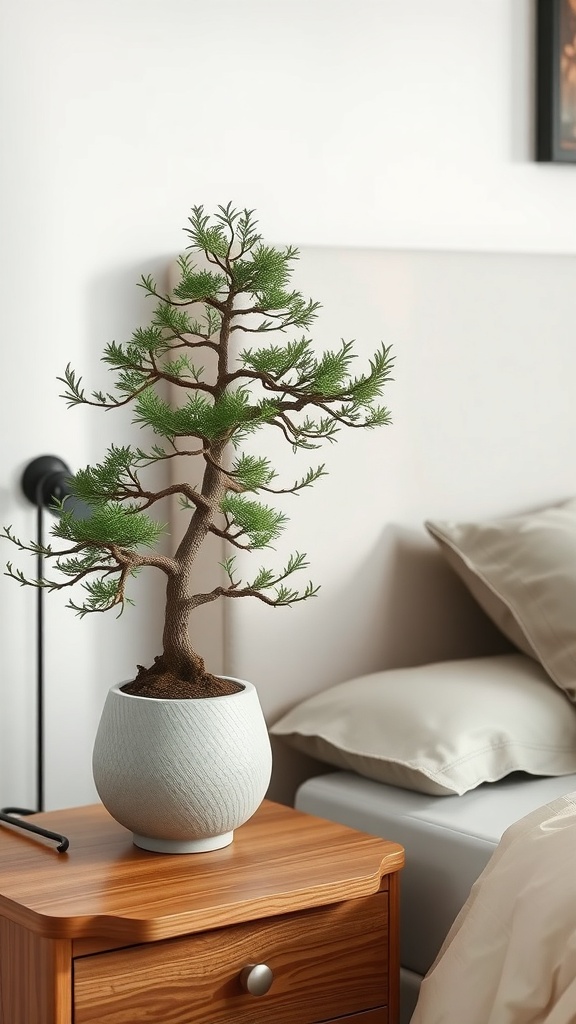 A bonsai tree placed on a wooden nightstand beside a bed.