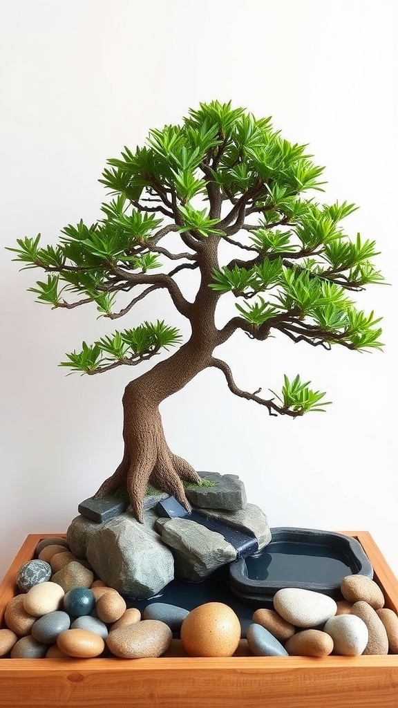 A bonsai tree with lush green leaves placed on decorative rocks, creating a serene indoor decor.