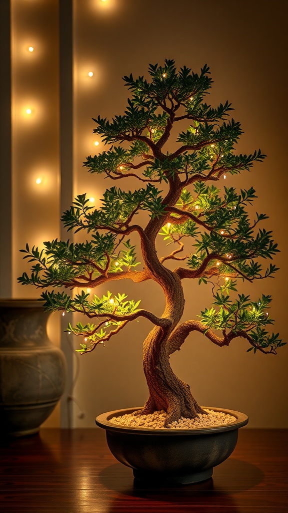A bonsai tree with fairy lights illuminating its branches, creating a cozy and magical atmosphere.