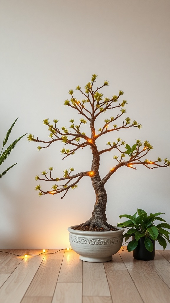 A bonsai tree with fairy lights wrapped around its branches, placed in a decorative pot, with green plants nearby.