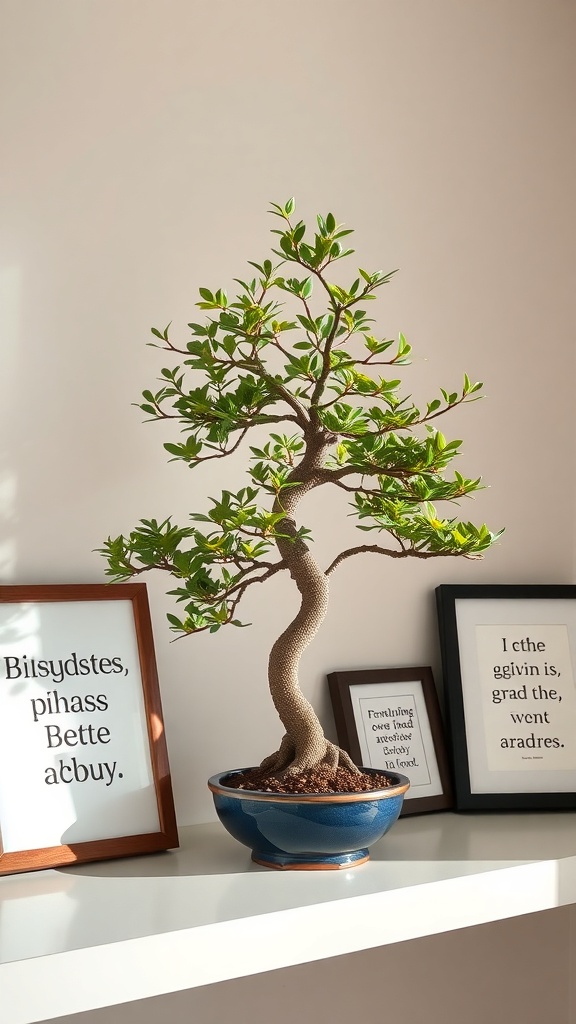 A bonsai tree on a wooden table with a framed inspirational quote on the wall.