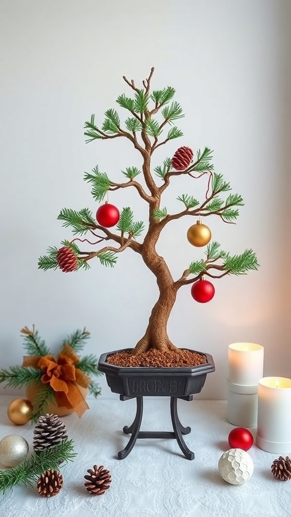 A bonsai tree decorated with red and gold ornaments, pinecones, and surrounded by candles and festive decor.