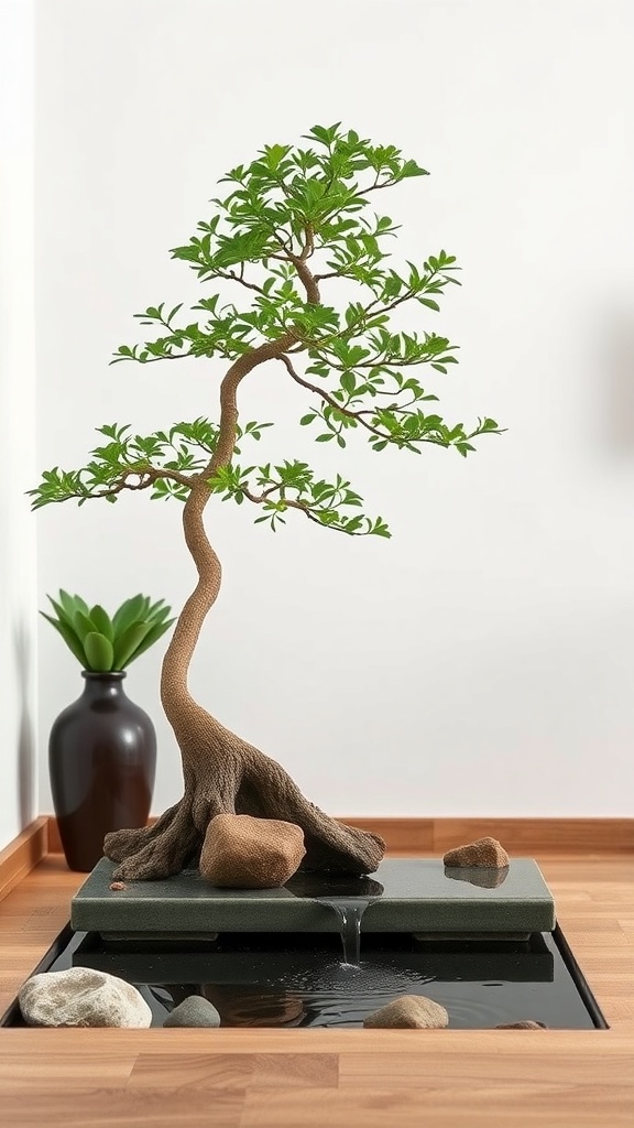 A bonsai tree on a water feature with stones, creating a peaceful home decor.