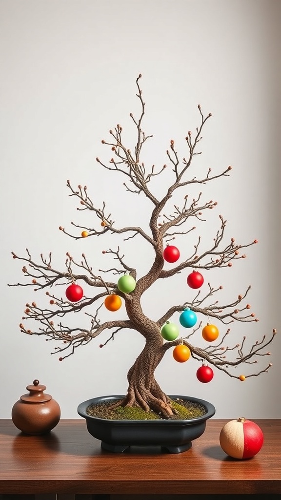 A bonsai tree with colorful ornaments on its branches, placed on a wooden table with decorative pots.