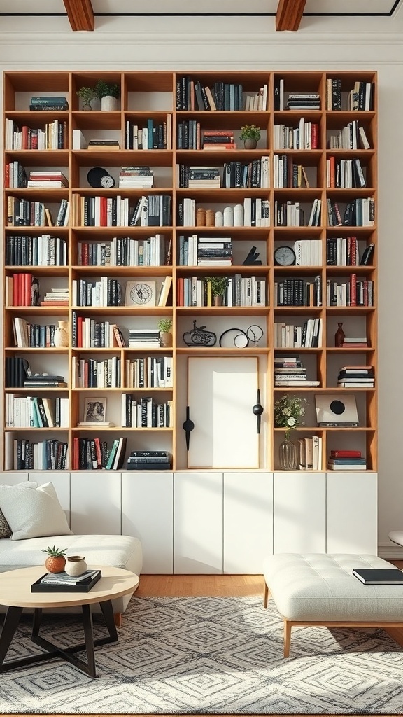 A stylish bookshelf used as a room divider, filled with books and decorative items.
