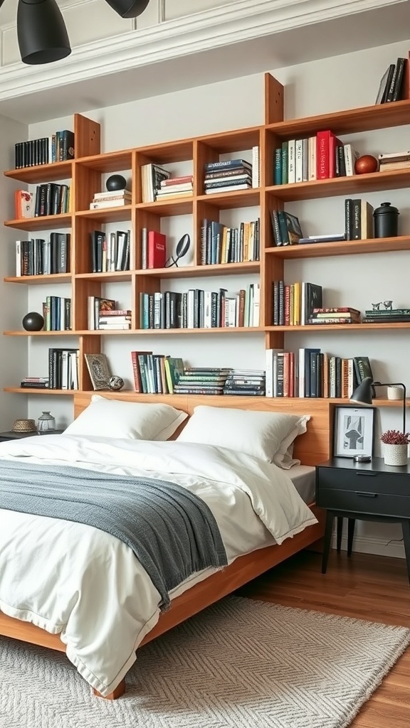 A modern bedroom featuring a wooden bookshelf that serves as a headboard, filled with books and decorative items.
