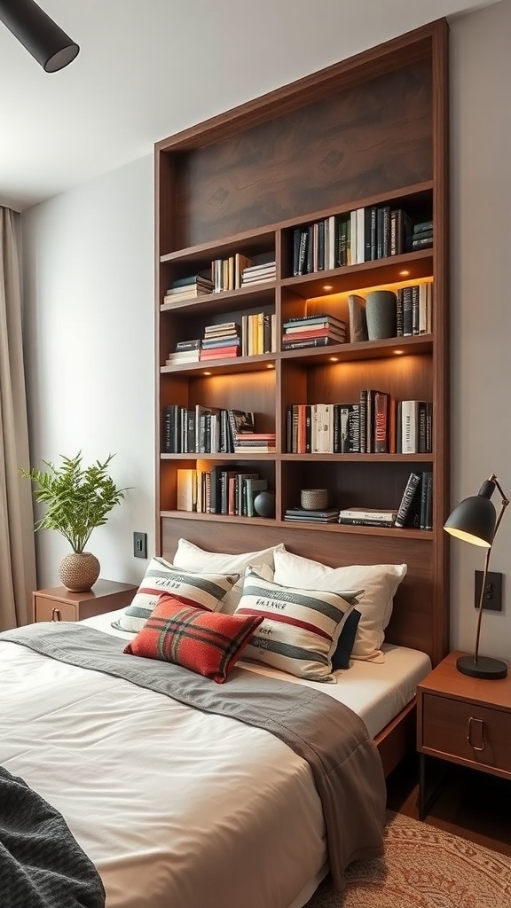 A cozy bedroom featuring a wooden bookshelf headboard with built-in lighting, showcasing books and decorative items.