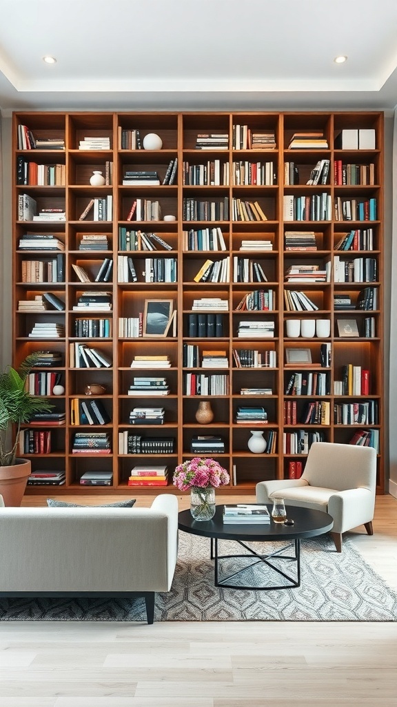 A large wooden bookshelf filled with books and decorative items, serving as a room divider in a modern living space.