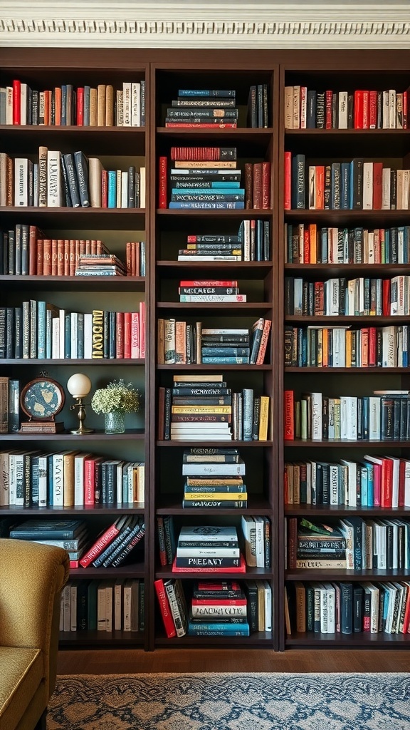 A stylish bookshelf serving as a room divider, filled with colorful books and decorative items.