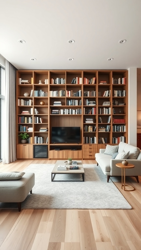 Modern living room with a large wooden bookshelf serving as a room divider